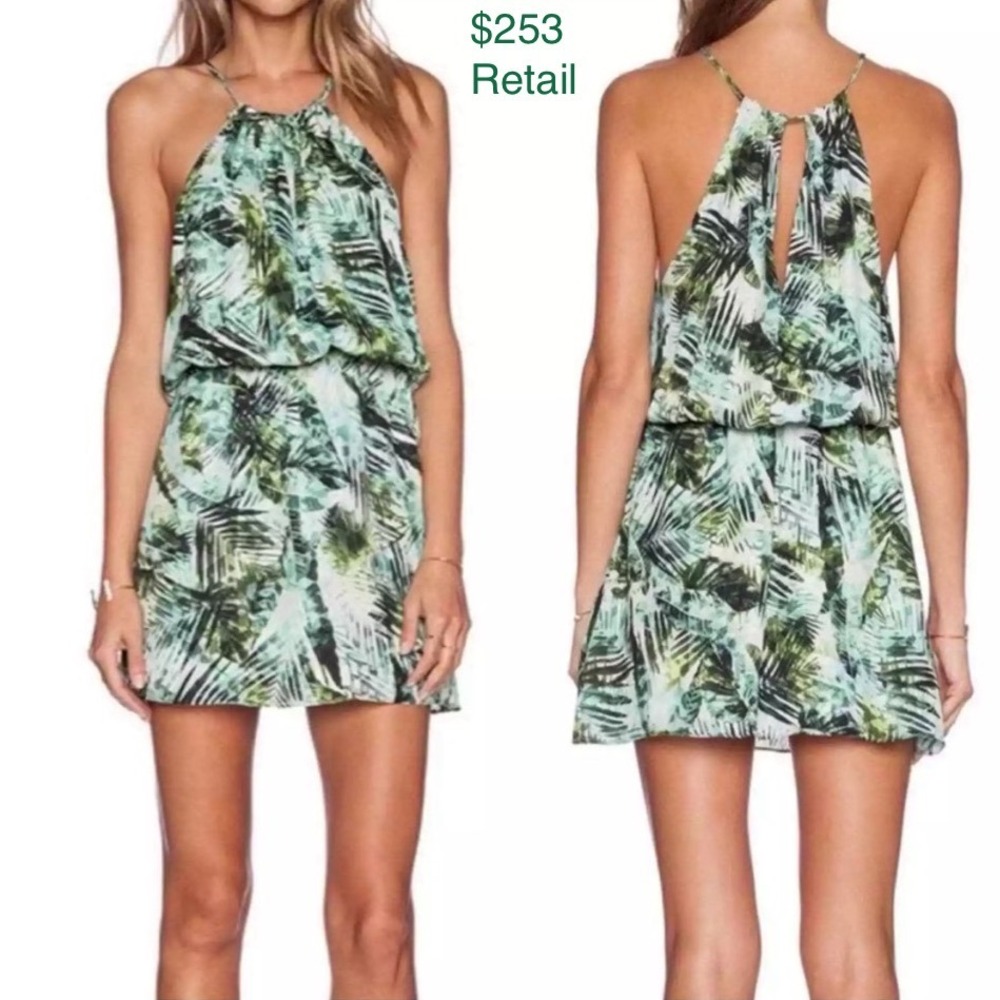Revolve PARKER Amazonia Fleur Palm Leaf Tropical Silk Mini Dress S Halter Resort